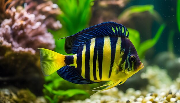 un réservoir de poissons avec un poisson rayé jaune et noir