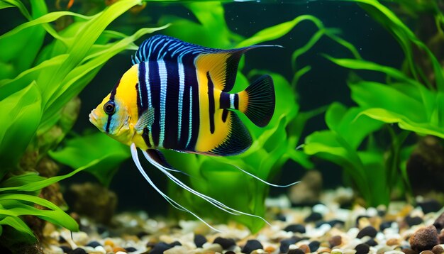 Photo un réservoir de poissons avec un poisson à rayures bleues et jaunes