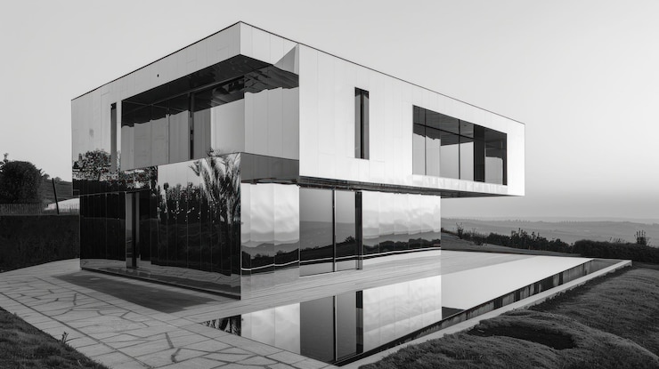 Photo résidence moderne sur une colline surplombant le paysage une image en noir et blanc d'une maison contemporaine sur une pente