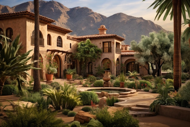 Une résidence située à Tucson en Arizona avec une abondance d'arbres verts luxuriants et de palmiers