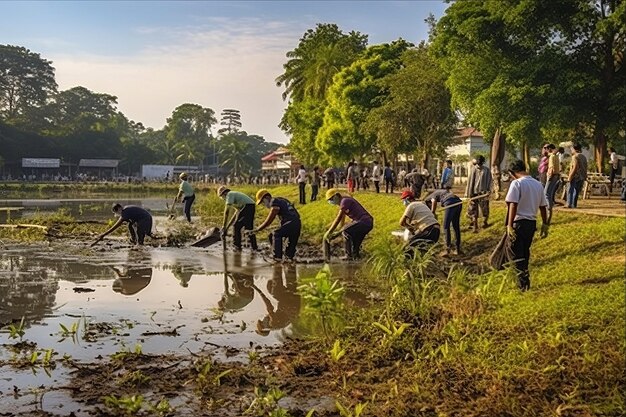 Photo des résidents se rassemblent dans un esprit d'équipe pour nettoyer et nettoyer la zone du lac de muadzam shah en malaisie