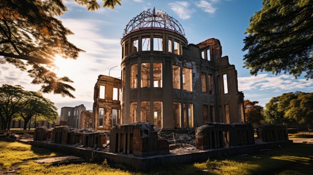 Photo résilience au milieu des ruines le majestueux dôme de la bombe atomique dans le parc commémoratif de la paix d'hiroshima pendant le dayti