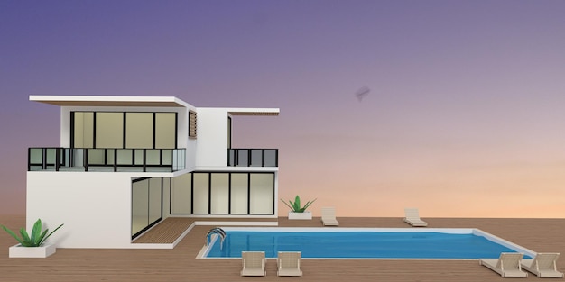 resort au coucher du soleil avec vue sur la mer avec piscine en rendu 3D