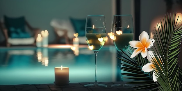Resort de luxe piscine palmier verres de vin et bougies avec spa de fleurs de roses tropicales