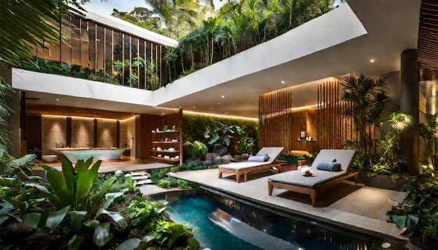 Photo resort moderne avec mini piscine et éclairage ambiant