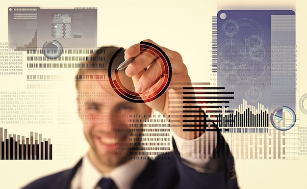 Résoudre le bloc gagner des bénéfices Technologie Blockchain Future argent numérique Investissement crypto-monnaie L'homme interagit avec les graphiques commerciaux d'affichage virtuel Créer un portefeuille de crypto-monnaie Miner la crypto-monnaie