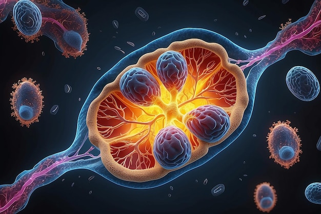 Photo la respiration cellulaire en action lorsque les mitochondries produisent de l'énergie dans les cellules animales concept de la biochimie et des processus métaboliques génératif ai