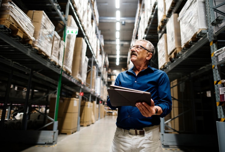 Photo un responsable d'entrepôt caucasien vérifiant l'inventaire des stocks