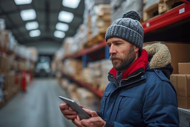 un responsable d'un entrepôt logistique tenant une tablette