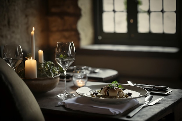 Restaurant atmosphérique avec du vin lumineux sur la table et un plat de qualité MichelinStar IA générative