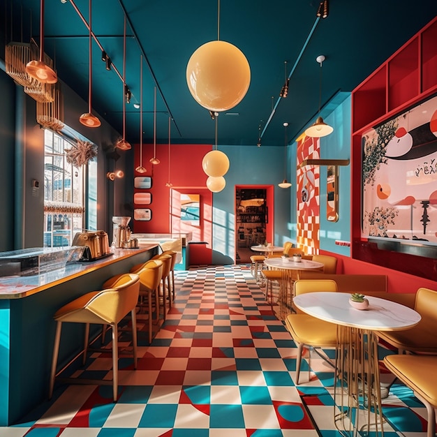 Restaurant aux couleurs vives avec sol en damier et murs colorés ai génératif