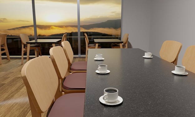Restaurant ou café Le paysage extérieur est des montagnes brumeuses et le soleil le matin Une tasse de café blanche Table en marbre décorée de chaises en bois Plancher recouvert de parquet3DRendering