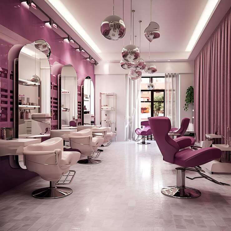 Un restaurant avec une chaise rose et une table avec des chaises et une grande fenêtre.