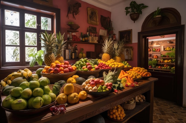 Restaurant colombien avec étalage de fruits et légumes frais vibrants créés avec une IA générative