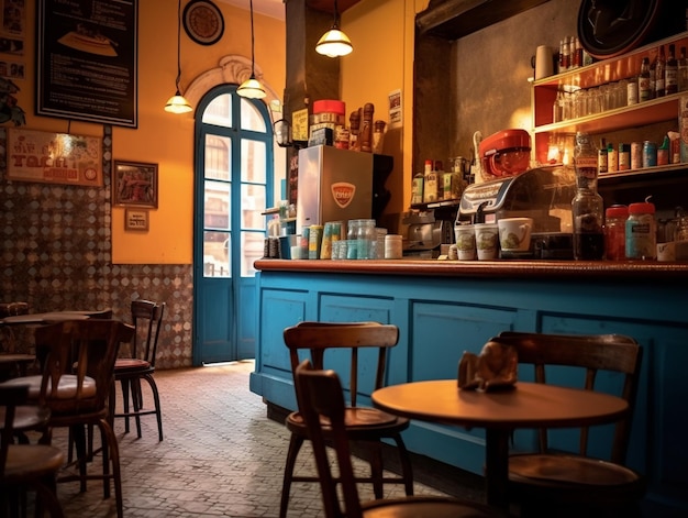 Un restaurant avec un comptoir bleu et une enseigne qui dit "la casa de la casa"