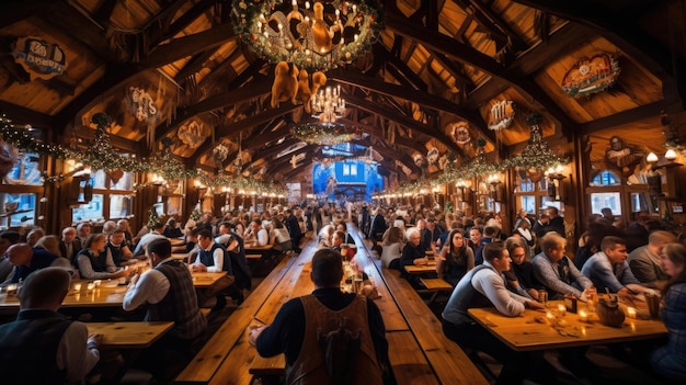 le restaurant est ouvert au public et dispose d'une grande table avec de nombreuses personnes assises.