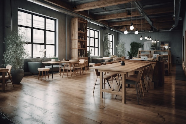 Un restaurant avec une grande table et des chaises en bois et une grande fenêtre avec les mots "café" dessus