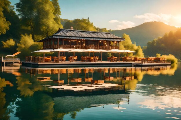 Photo un restaurant sur un lac avec une montagne en toile de fond.