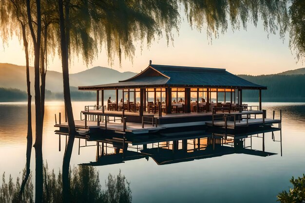 Photo un restaurant sur un lac avec vue sur le coucher de soleil.