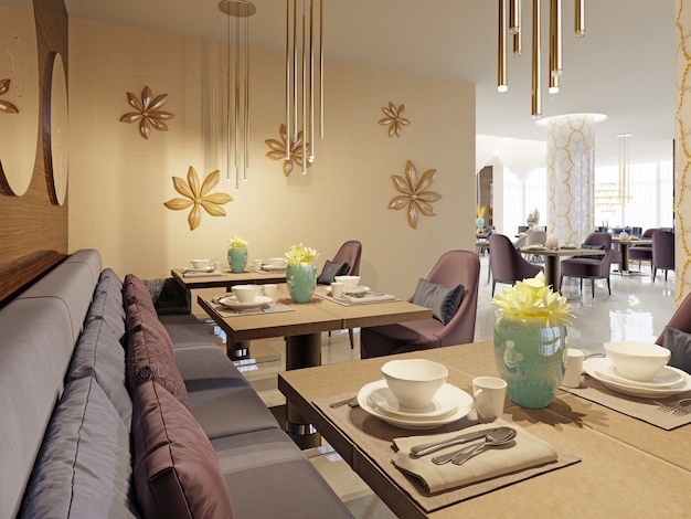 Le restaurant luxueux de l'hôtel présente un design intérieur moderne, des fauteuils moelleux et des tables servies. rendu 3D