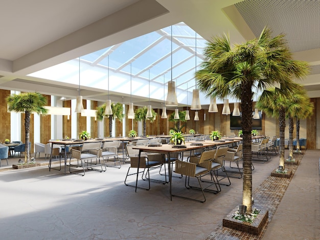 Restaurant luxueux avec des palmiers à l'intérieur avec un grand atrium en verre avec des murs en bois