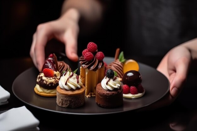 Restaurant menu sucré servant une assiette avec des desserts dans des mains féminines générative ai