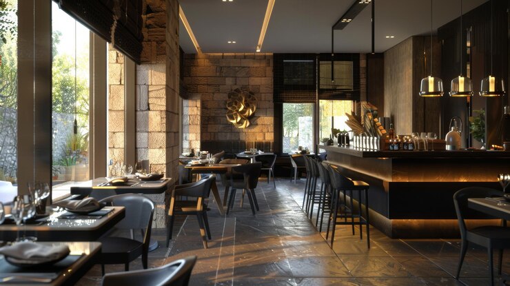 Photo un restaurant avec un mur de brique et un mur de briques avec une grande fenêtre