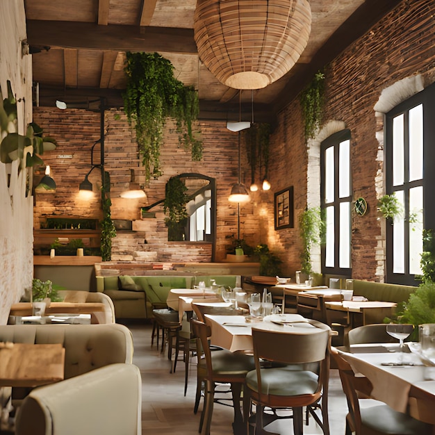 un restaurant avec un mur de brique et une table avec des chaises et des plantes