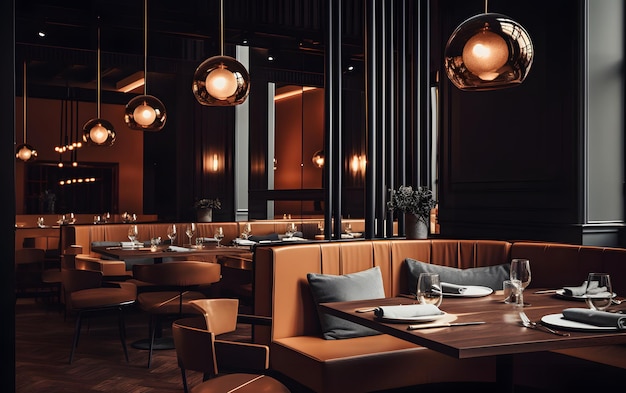 Un restaurant avec un mur marron foncé et un plafond noir avec des lumières suspendues.
