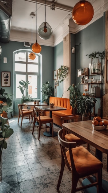 Un restaurant avec un mur végétalisé et une table en bois avec des chaises orange et une plante dessus.