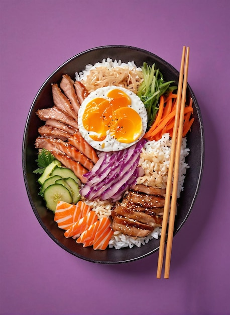 Photo un restaurant de nourriture délicieuse annonce un bol de riz, de saumon et de légumes avec des côtelettes