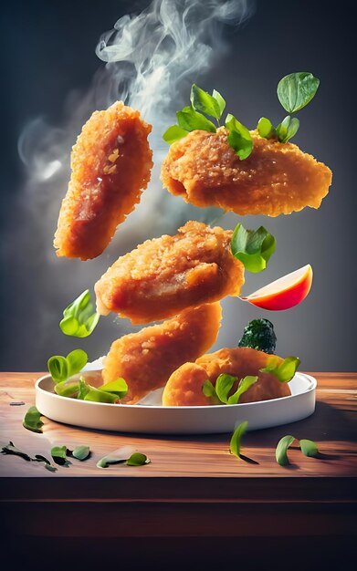 Photo restaurant de poulet comprenant des côtelettes de poulet frites comme sujet principal nourriture volante