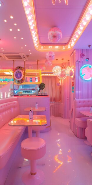 Un restaurant rose vibrant est orné de nombreuses lumières de plafond créant une ambiance magique et accueillante