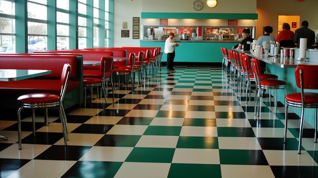 Un restaurant avec un sol en damier et un sol en damier vert et blanc.