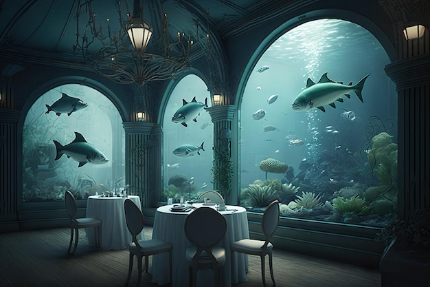 Photo restaurant sous-marin vue sous-marine salle à manger hôtel dîner sous-marin illustration ia générative abstraite