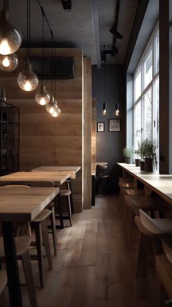 Un restaurant avec une table et des chaises en bois et un panneau qui dit "café la roze"