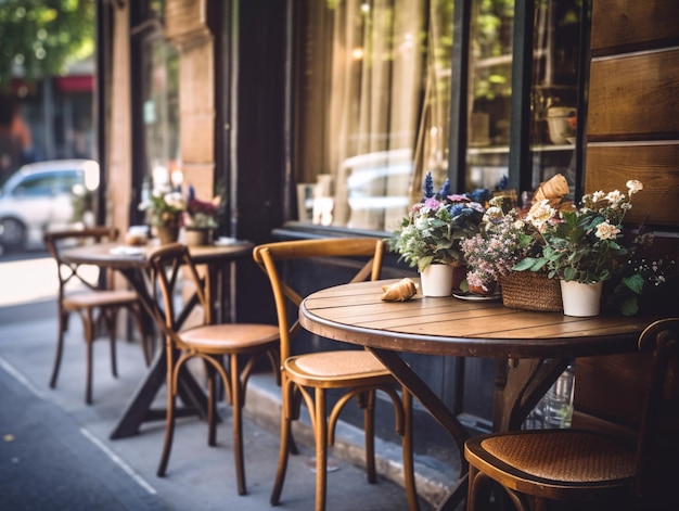 Un restaurant avec une table et des chaises fleuries dessus
