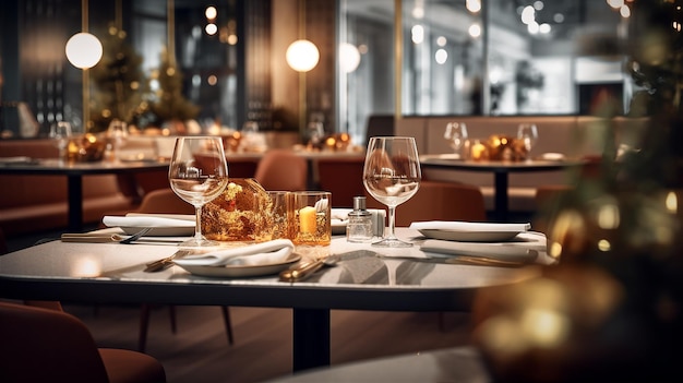 Un restaurant avec une table en verre et des chaises avec une nappe rouge et un verre de vin.