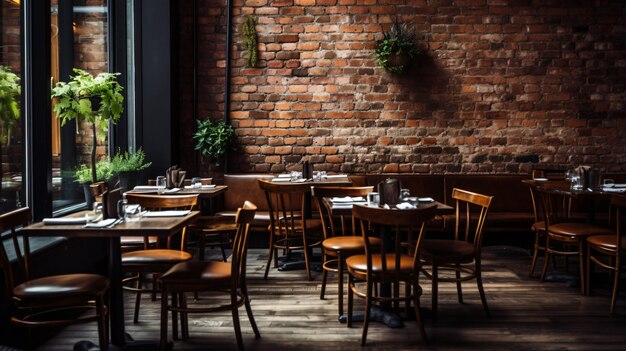 Photo un restaurant avec des tables, des chaises et un mur de briques