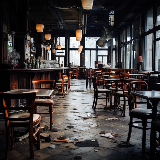 Photo un restaurant avec des tables et des chaises et un panneau disant le restaurant