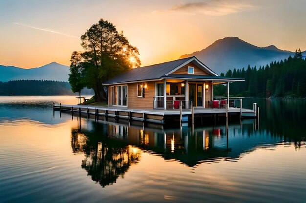 Photo un restaurant sur une terrasse surplombant un lac