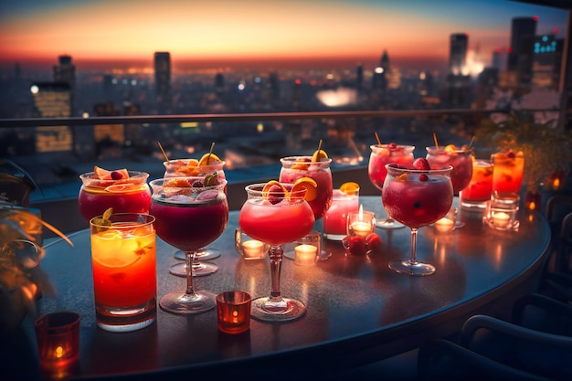 Un restaurant sur le toit avec vue sur les toits de la ville et cocktails