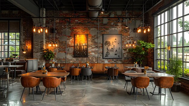 Photo restaurant urbain avec des murs en briques et des tables ia générative