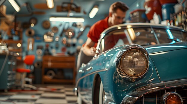 Photo un restaurateur d'automobiles passionné perfectionne une voiture classique dans le garage avec patience et habileté.