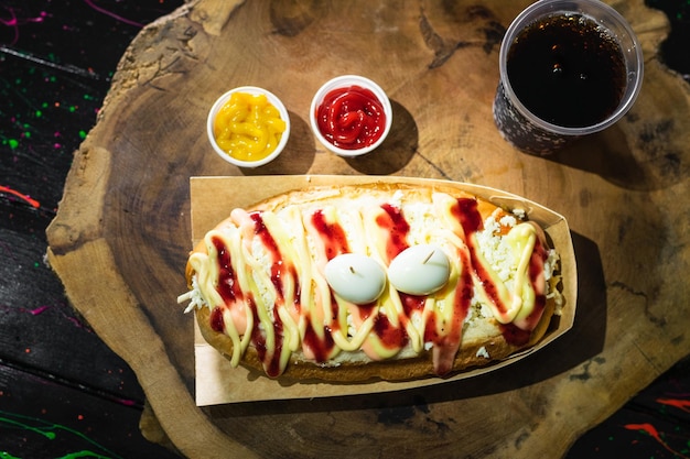 restauration rapide, hot-dog avec sauces au fromage et deux œufs de caille sur le dessus servis sur un plateau en bois