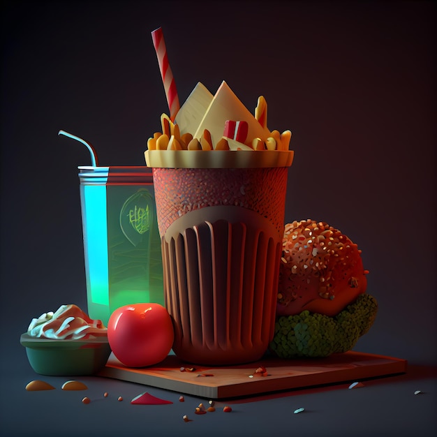 Photo restauration rapide restauration rapide hamburger frites tasse de cola illustration 3d