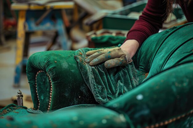 Photo restauration d'un vieux fauteuil avec un rembourrage en velours vert femme travaillant