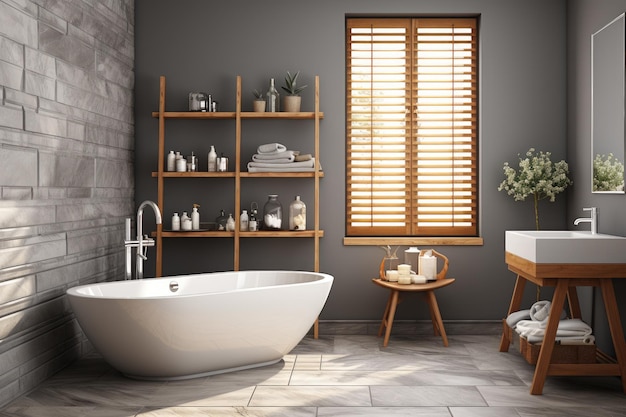 Le reste du décor de la salle de bain est des murs beige et de la poterie olive avec une vanité élégante et un min