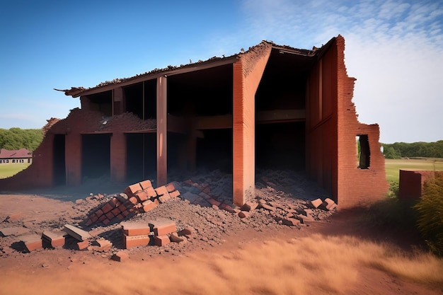 Les restes d'un bâtiment en brique détruit