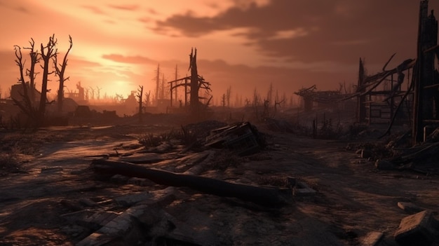 Photo les restes de maisons détruites au coucher du soleil paysage apocalyptique